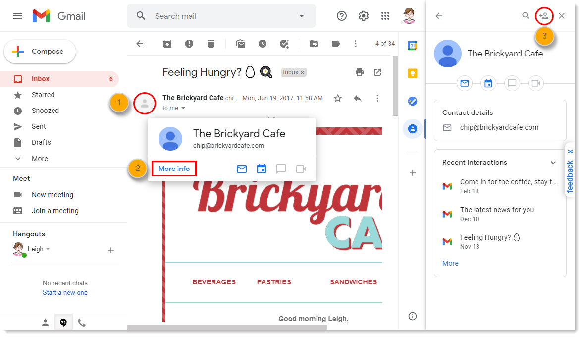 Gmail inbox and email view, Sender icon and options menu with More info link, More info panel expanded and Add to contacts icon